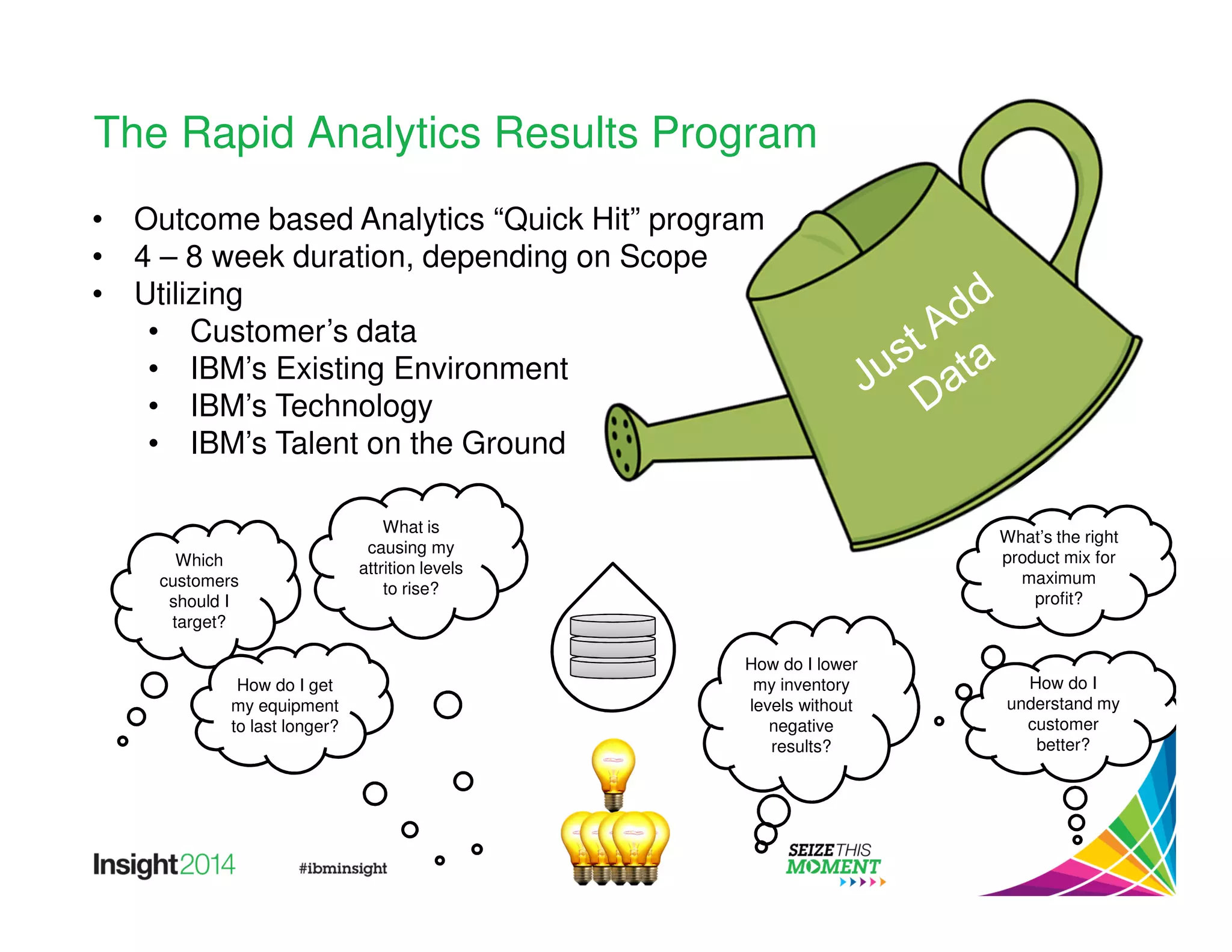 The Rapid Analytics Results Program 
• Outcome based Analytics “Quick Hit” program 
• 4 – 8 week duration, depending on Scope 
• Utilizing 
• Customer’s data 
• IBM’s Existing Environment 
• IBM’s Technology 
• IBM’s Talent on the Ground 
Which 
customers 
should I 
target? 
How do I get 
my equipment 
to last longer? 
What is 
causing my 
attrition levels 
to rise? 
What’s the right 
product mix for 
maximum 
profit? 
How do I lower 
my inventory 
levels without 
negative 
results? 
How do I 
understand my 
customer 
better? 
 