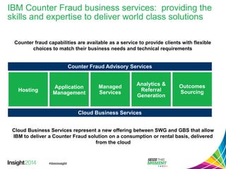 IBM Counter Fraud business services: providing the skills and expertise to deliver world class solutions 
Counter fraud capabilities are available as a service to provide clients with flexible choices to match their business needs and technical requirements 
Hosting 
Application Management 
Managed 
Services 
Analytics & Referral Generation 
Counter Fraud Advisory Services 
Cloud Business Services represent a new offering between SWG and GBS that allow IBM to deliver a Counter Fraud solution on a consumption or rental basis, delivered from the cloud 
Outcomes Sourcing 
Cloud Business Services  