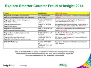 Explore Smarter Counter Fraud at Insight 2014 
Stop by Booth #717 for an update on how IBM Counter Fraud Management is helping customers detect fraud with more precision and more quickly investigate exposures. 
Plan to join these sessions and workshops to learn more: 
Program 
Date & Location 
INSIGHT 2014 Sessions 
Program:Business & Industry Leadership 
Track:Business Strategies for Big Data & Analytics 
Mon Oct 27 2:00 PM 
South Pacific 
Mitigate Risk Combat Fraud & Financial Crimes with Data TSB-6863 
Program:Enterprise Content Management 
Track:ECM Solutions 
Tues Oct 28th10:00 AM 
Lagoon B 
A Holistic Approach to Fighting Fraud: IBM Counter Fraud Management ESN-6050B 
Program:Business Analytics 
Track:Risk Analytics 
Tues Oct 28th4:30 PM 
Reef C 
Big Regulatory Risk Require Big Data Thinking: Ernst & Young Counter Fraud, Powered by IBM BRK-6476A 
Program:Business Analytics 
Track:Analytic Business Solutions 
Wed Oct 29th10:00 AM 
Mandalay Bay L 
Counter Fraud: Detecting Fraud Through Predictive Analytics BBS-5863 
Program: Business & Industry Leadership 
Track: Banking 
Wed Oct 29th11:15 AM 
Islander G 
New Threats. New Thinking. Case Study in Fighting Fraud in Banking TBA-5676A 
Program:Information Management 
Track:Big Data, Integration and Governance 
Wed Oct 29th3:00 PM 
Jasmine B 
IBM Counter Fraud Management Powered by Context Computing IIS-6001 
CFO/ CRO Workshops 
Tues Oct 28th1:45 PM and 
Wed Oct 29th10:15 AM 
Boardroom 
Stopping the Profit Leak with Next Generation Counter- Fraud Solutions  