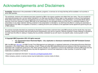 Acknowledgements and Disclaimers 
Availability. References in this presentation to IBM products, programs, or services do not imply that they will be available in all countries in which IBM operates. 
The workshops, sessions and materials have been prepared by IBM or the session speakers and reflect their own views. They areprovided for informational purposes only, and are neither intended to, nor shall have the effect of being, legal or other guidance or advice to any participant. While efforts were made to verify the completeness and accuracy of the information contained in this presentation, it is provided AS-IS without warranty of any kind, express or implied. IBM shall not be responsible for any damages arising out of the use of, or otherwise related to, this presentation or any other materials. Nothing contained in this presentation is intended to, nor shall have the effect of, creating any warranties or representations from IBM or its suppliers or licensors, or altering the terms and conditions of the applicable license agreementgoverning the use of IBM software. 
All customer examples described are presented as illustrations of how those customers have used IBM products and the results they may have achieved. Actual environmental costs and performance characteristics may vary by customer. Nothing contained in these materials is intended to, nor shall have the effect of, stating or implying that any activities undertaken by you will result in any specific sales, revenue growth or other results. 
© Copyright IBM Corporation 2014. All rights reserved. 
—U.S. Government Users Restricted Rights –Use, duplication or disclosure restricted by GSA ADP Schedule Contract with IBM Corp. 
IBM, the IBM logo, ibm.com, and IBM Counter Fraud Management are trademarks or registered trademarks of International Business Machines Corporation in the United States, other countries, or both. If these and other IBM trademarked terms are marked on their first occurrence in this information with a trademark symbol (® or TM), these symbols indicate U.S. registered or common law trademarks owned by IBM at the time this information was published. Such trademarks may also be registered or common law trademarks in other countries. A current listofIBM trademarks is available on the Web at 
•“Copyright and trademark information” at www.ibm.com/legal/copytrade.shtml 
•Other company, product, or service names may be trademarks or service marks of others. 
34 
 