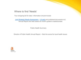 Where to find ‘Needs’
Your shopping list for data / information should include:
Joint Strategic Needs Assessment – LA web and published documents incl;
Annual Report and web based six month update to statistics/data
Public Health Summary
Director of Public Health Annual Report – Sets the scene for local health issues
 