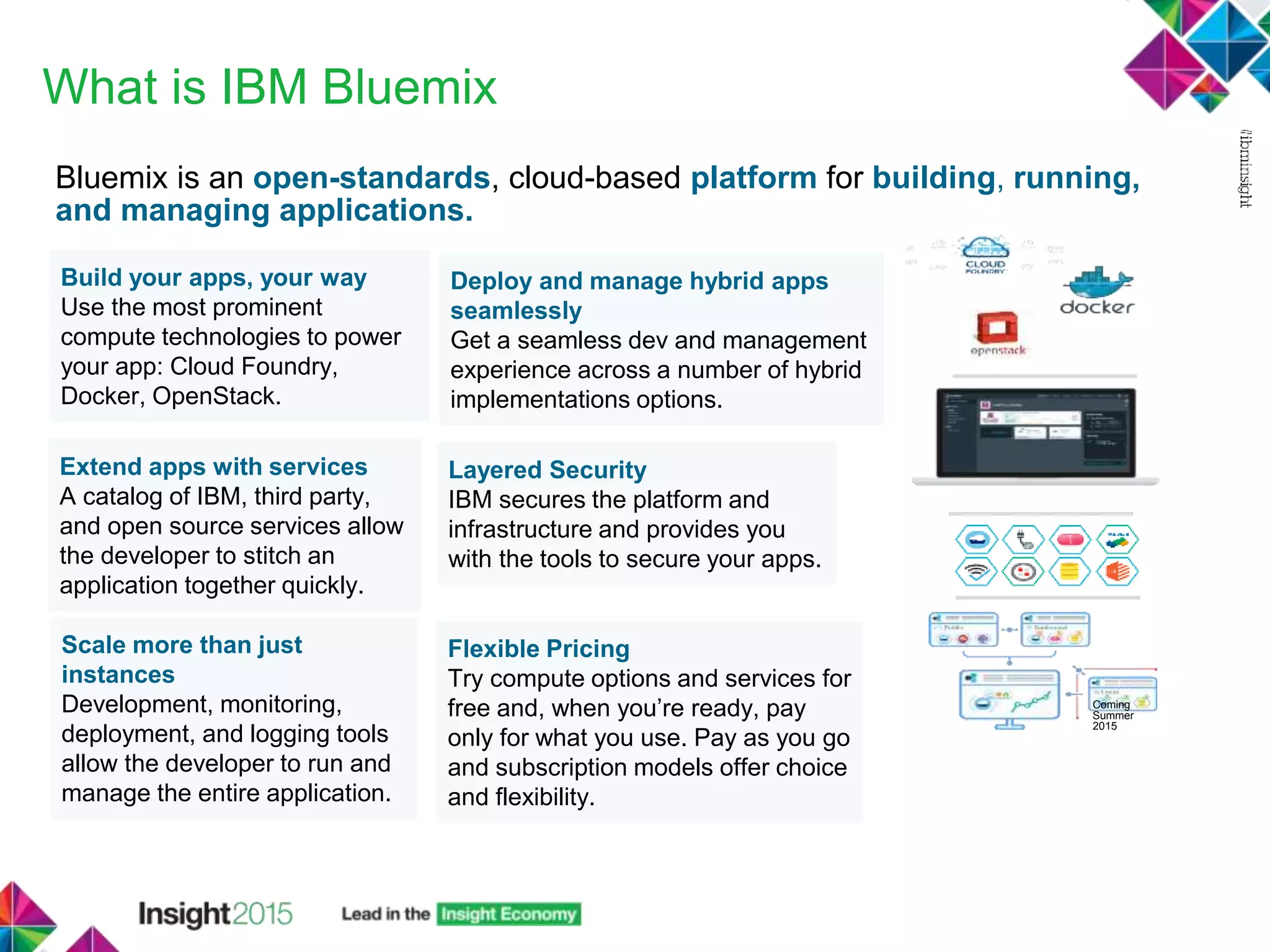 What is IBM Bluemix
Bluemix is an open-standards, cloud-based platform for building, running,
and managing applications.
Build your apps, your way
Use the most prominent
compute technologies to power
your app: Cloud Foundry,
Docker, OpenStack.
Extend apps with services
A catalog of IBM, third party,
and open source services allow
the developer to stitch an
application together quickly.
Scale more than just
instances
Development, monitoring,
deployment, and logging tools
allow the developer to run and
manage the entire application.
Layered Security
IBM secures the platform and
infrastructure and provides you
with the tools to secure your apps.
Deploy and manage hybrid apps
seamlessly
Get a seamless dev and management
experience across a number of hybrid
implementations options.
Flexible Pricing
Try compute options and services for
free and, when you’re ready, pay
only for what you use. Pay as you go
and subscription models offer choice
and flexibility.
Coming
Summer
2015
 