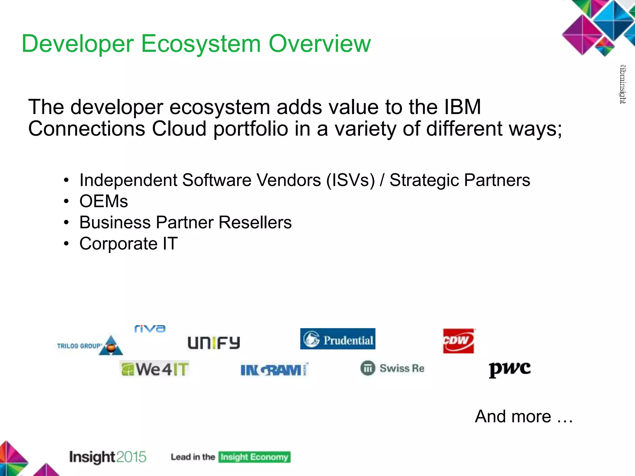 Developer Ecosystem Overview
The developer ecosystem adds value to the IBM
Connections Cloud portfolio in a variety of different ways;
• Independent Software Vendors (ISVs) / Strategic Partners
• OEMs
• Business Partner Resellers
• Corporate IT
And more …
 