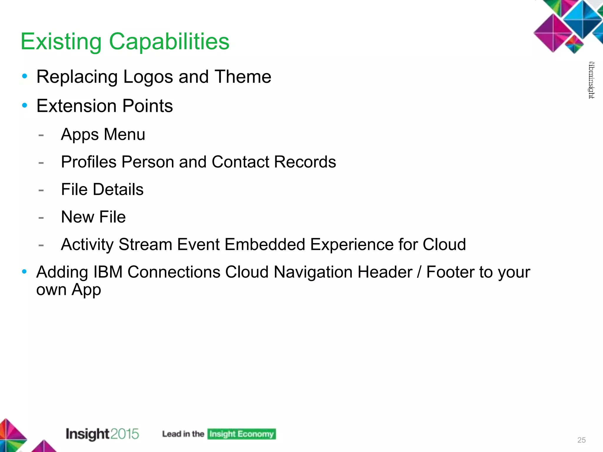 Existing Capabilities
• Replacing Logos and Theme
• Extension Points
- Apps Menu
- Profiles Person and Contact Records
- File Details
- New File
- Activity Stream Event Embedded Experience for Cloud
• Adding IBM Connections Cloud Navigation Header / Footer to your
own App
25
 