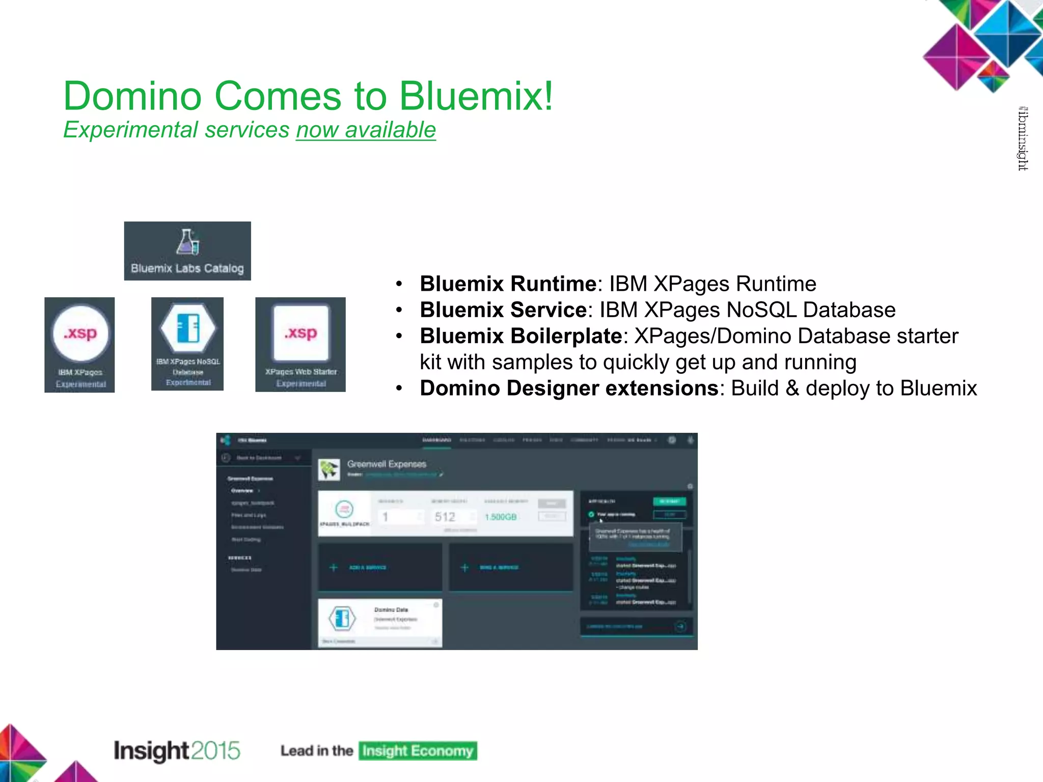 Domino Comes to Bluemix!
Experimental services now available
• Bluemix Runtime: IBM XPages Runtime
• Bluemix Service: IBM XPages NoSQL Database
• Bluemix Boilerplate: XPages/Domino Database starter
kit with samples to quickly get up and running
• Domino Designer extensions: Build & deploy to Bluemix
 
