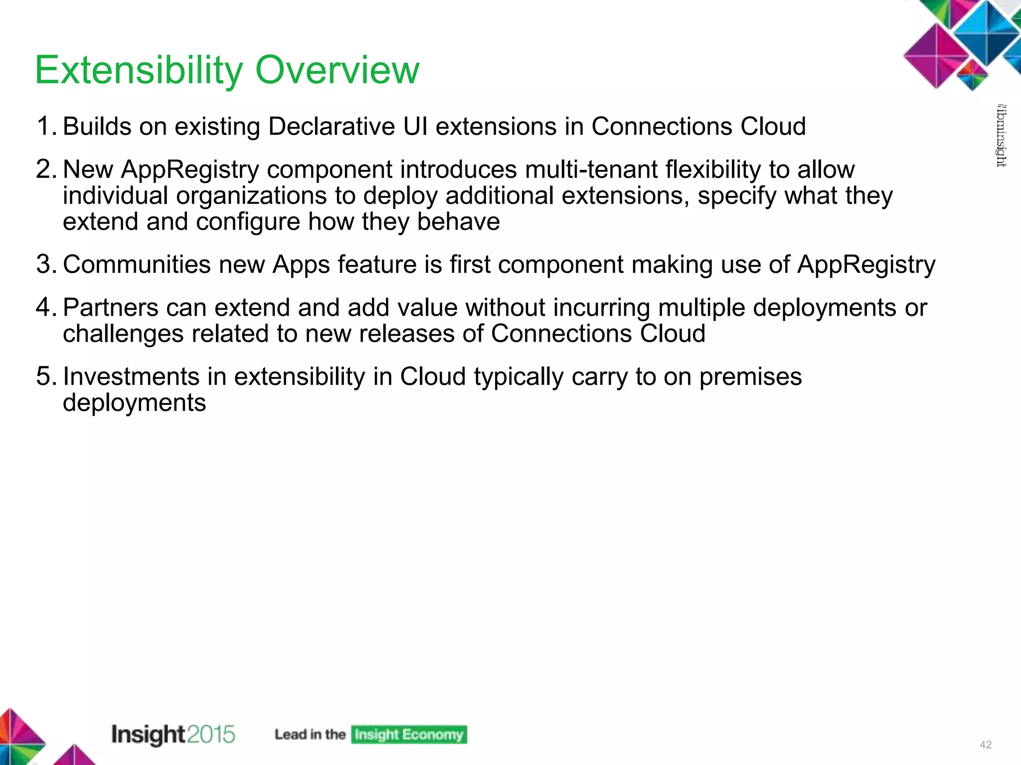 Extensibility Overview
1. Builds on existing Declarative UI extensions in Connections Cloud
2. New AppRegistry component introduces multi-tenant flexibility to allow
individual organizations to deploy additional extensions, specify what they
extend and configure how they behave
3. Communities new Apps feature is first component making use of AppRegistry
4. Partners can extend and add value without incurring multiple deployments or
challenges related to new releases of Connections Cloud
5. Investments in extensibility in Cloud typically carry to on premises
deployments
42
 