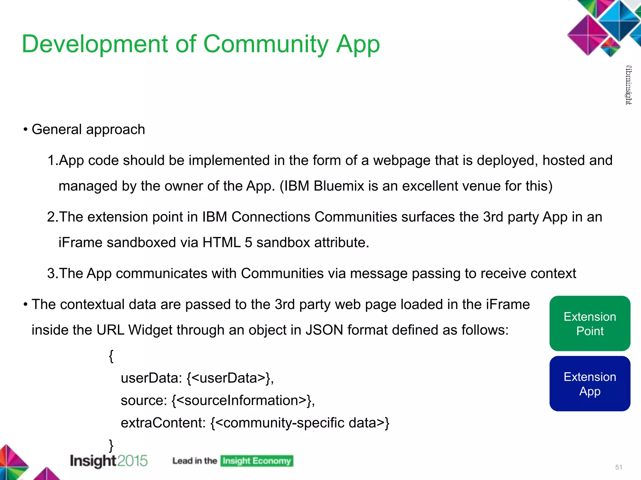 Development of Community App
51
• General approach
1.App code should be implemented in the form of a webpage that is deployed, hosted and
managed by the owner of the App. (IBM Bluemix is an excellent venue for this)
2.The extension point in IBM Connections Communities surfaces the 3rd party App in an
iFrame sandboxed via HTML 5 sandbox attribute.
3.The App communicates with Communities via message passing to receive context
• The contextual data are passed to the 3rd party web page loaded in the iFrame
inside the URL Widget through an object in JSON format defined as follows:
{
userData: {<userData>},
source: {<sourceInformation>},
extraContent: {<community-specific data>}
}
Extension
App
Extension
Point
 