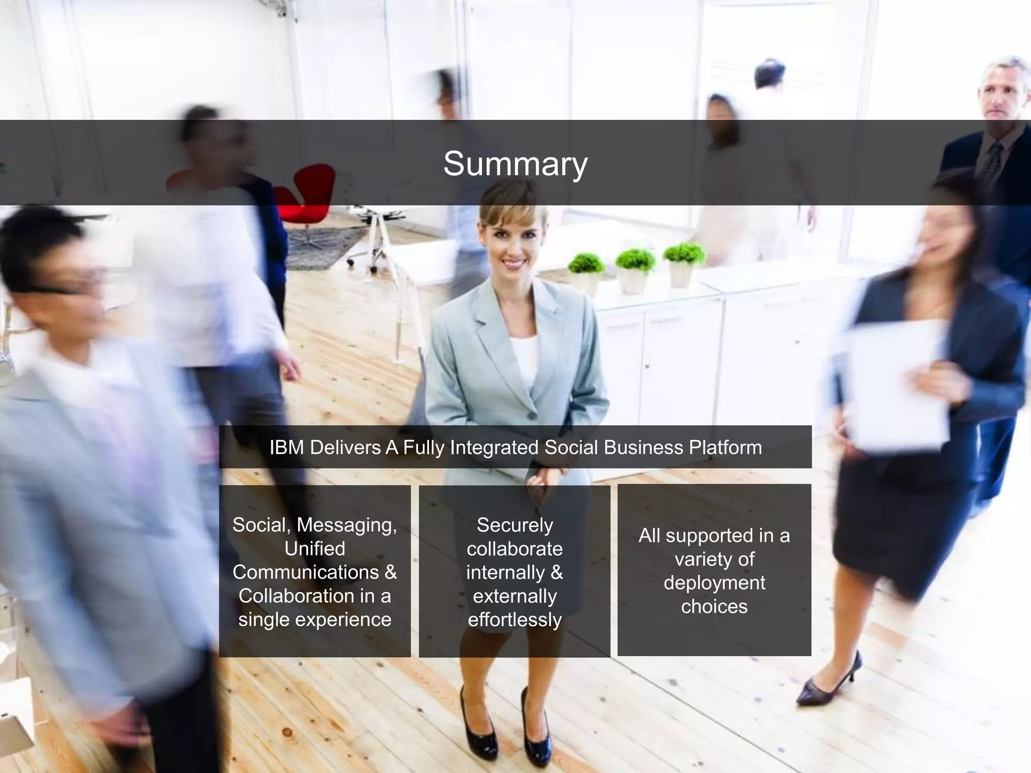 Summary
Social, Messaging,
Unified
Communications &
Collaboration in a
single experience
Securely
collaborate
internally &
externally
effortlessly
All supported in a
variety of
deployment
choices
IBM Delivers A Fully Integrated Social Business Platform
 