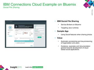 IBM Connections Cloud Example on Bluemix
Social File Sharing
• IBM Social File Sharing
 Service Brokers on Bluemix
 Targeting Java runtimes
• Sample App
 Using Social features when sharing photos
• Value
 Automatic provisioning and de-provisioning
of organization and users
 Guidance, examples and documentation
geared towards development of cloud
based social applications
 
