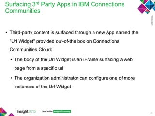Surfacing 3rd Party Apps in IBM Connections
Communities
49
• Third-party content is surfaced through a new App named the
"Url Widget" provided out-of-the box on Connections
Communities Cloud:
• The body of the Url Widget is an iFrame surfacing a web
page from a specific url
• The organization administrator can configure one of more
instances of the Url Widget
 