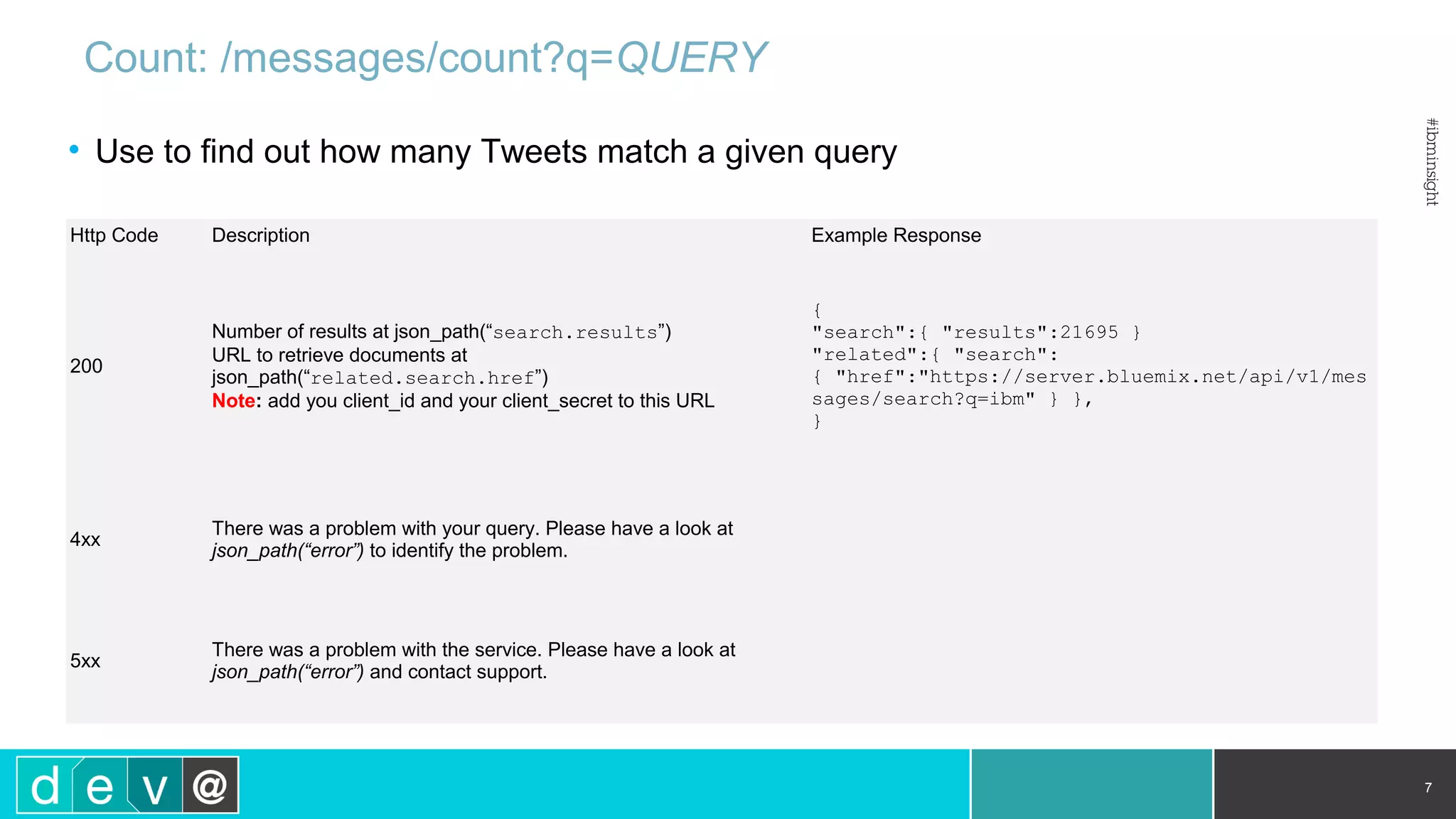 Count: /messages/count?q=QUERY • Use to find out how many Tweets match a given query 7 Http Code Description Example Response 200 Number of results at json_path(“search.results”) URL to retrieve documents at json_path(“related.search.href”) Note: add you client_id and your client_secret to this URL { "search":{ "results":21695 } "related":{ "search": { "href":"https://server.bluemix.net/api/v1/mes sages/search?q=ibm" } }, } 4xx There was a problem with your query. Please have a look at json_path(“error”) to identify the problem. 5xx There was a problem with the service. Please have a look at json_path(“error”) and contact support. 