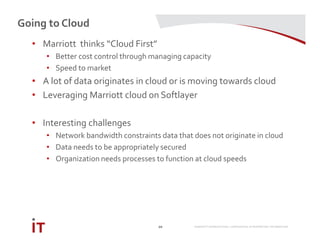 MARRIOTT INTERNATIONAL CONFIDENTIAL & PROPRIETARY INFORMATION
Going to Cloud
10
• Marriott thinks “Cloud First”
• Better cost control through managing capacity
• Speed to market
• A lot of data originates in cloud or is moving towards cloud
• Leveraging Marriott cloud on Softlayer
• Interesting challenges
• Network bandwidth constraints data that does not originate in cloud
• Data needs to be appropriately secured
• Organization needs processes to function at cloud speeds
 