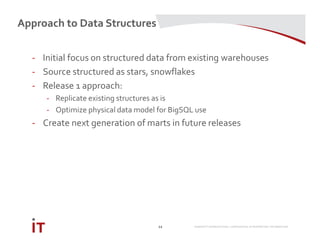 MARRIOTT INTERNATIONAL CONFIDENTIAL & PROPRIETARY INFORMATION
Approach to Data Structures
12
- Initial focus on structured data from existing warehouses
- Source structured as stars, snowflakes
- Release 1 approach:
- Replicate existing structures as is
- Optimize physical data model for BigSQL use
- Create next generation of marts in future releases
 