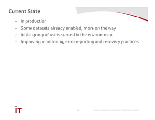 MARRIOTT INTERNATIONAL CONFIDENTIAL & PROPRIETARY INFORMATION
Current State
25
- In production
- Some datasets already enabled, more on the way
- Initial group of users started in the environment
- Improving monitoring, error reporting and recovery practices
 