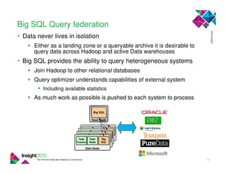 Big SQL Query federation
• Data never lives in isolation
Either as a landing zone or a queryable archive it is desirable to
query data across Hadoop and active Data warehouses
• Big SQL provides the ability to query heterogeneous systems
Join Hadoop to other relational databases
Query optimizer understands capabilities of external system
• Including available statistics
As much work as possible is pushed to each system to process
33
Head Node
Big SQL
Data Node
Task
Tracker
Data
Node
Big
SQL
Data Node
Task
Tracker
Data
Node
Big
SQL
Data Node
Task
Tracker
Data
Node
Big
SQL
Data Node
Task
Tracker
Data
Node
Big
SQL
 
