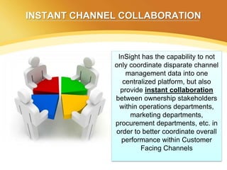 INSTANT CHANNEL COLLABORATION



               InSight has the capability to not
              only coordinate disparate channel
                  management data into one
                 centralized platform, but also
                provide instant collaboration
              between ownership stakeholders
                within operations departments,
                    marketing departments,
              procurement departments, etc. in
              order to better coordinate overall
                performance within Customer
                       Facing Channels
 