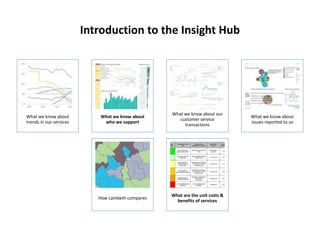 Introduction to the Insight Hub
What we know about
trends in our services
What we know about
who we support
What we know about our
customer service
transactions
What we know about
issues reported to us
How Lambeth compares
What are the unit costs &
benefits of services
 