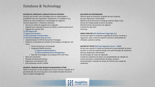REVISÃO DE LANDSCAPE E ARQUITETURA DE SISTEMAS
Serviços que provem valor estratégico para as organizações e
possibilitam que elas respondam rapidamente e se adaptem seus
sistemas às novas tendências e necessidades de negócios.
Serviços disponíveis e Softwares utilizados:
• Serviço de análise de upgrade e/ou migração
• Upgrade e/ou migração de banco de dados e sistema operacional
• Upgrade de sistemas SAP
 SAP Sybase ASE
 Sybase IQ Enterprise
 SAP Landscape Transformation
 SAP BusinessObjects Data Services
• Implementação de EHP (Enhancement Packages)
• Melhoria na operação por adoção de tecnologias emergentes, tais
como:
o Cloud Computing e Virtualização
o Integrated Mobile Solutions
 Sybase Unwired Platform
 Afaria Handheld Device Management
o New DB Technologies como Sybase ASE e SAP Hana
• Near-zero downtime
• Redução de desenvolvimentos
• Segurança nos ambientes SAP
• Dual landscape retrofit, ChaRM
INCIDENT, PROBLEM AND REQUEST MANAGEMENT (ITSM)
Apoia as empresas na estrutuação dos serviços internos e gestão de TI
por demandas de insourcing, bem como implementação de Service
Desk e Incident Management.
MELHORIA DE PERFORMANCE
Oferece apoio às empresas na gestão de seus sistemas.
Serviços disponíveis relacionados:
Melhoria de performance e tuning de sistemas Abap e Java.
Serviço de reorganização de banco de dados
Monitoramento de processos de negócios
Controle de Jobs 24x7
Archiving
SINGLE SIGN-ON (SAP NetWeaver Single Sign-On)
Serviço que apoia as empresas na gestão de acessos, aumenta a
segurança, reduz custos de suporte e elimina a necessidade de
múltiplos usuários e senhas.
GESTÃO DE TESTES (SAP Data Migration Server – TDMS)
Serviço que suporta a criação de ambientes e automatização de testes
durante os ciclos de implementação e/ou administração de ambientes.
Serviços disponíveis relacionados:
Automatização de testes de regressão
Criação de ambientes de testes com possibilidades de redução do
volume de dados e embaralhando de dados sensíveis
Automatização e redução do tempo de refresh e/ou criação de
ambientes
Database & Technology
 