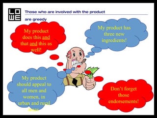 Those who are involved with the product are greedy My product has three new ingredients! My product does this  and  that  and  this as well! My product should appeal to all men and women, in urban and rural areas  Don’t forget those endorsements! 
