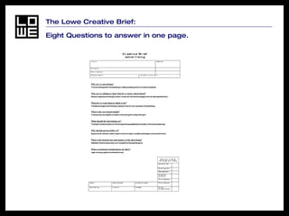 The Lowe Creative Brief:  Eight Questions to answer in one page. 
