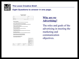 The Lowe Creative Brief:  Eight Questions to answer in one page. Why are we Advertising? The roles and goals of the advertising in meeting the marketing and communication objectives. 