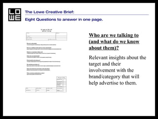 The Lowe Creative Brief:  Eight Questions to answer in one page. Who are we talking to (and what do we know about them)? Relevant insights about the target and their involvement with the brand/category that will help advertise to them.   