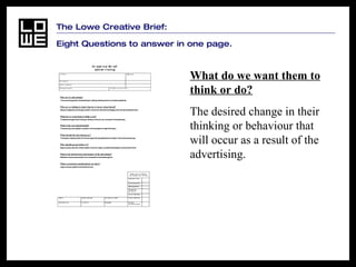 The Lowe Creative Brief:  Eight Questions to answer in one page. What do we want them to think or do?   The desired change in their thinking or behaviour that will occur as a result of the advertising.   