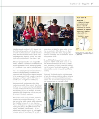 InsightOn: Life – Plugged In 17




                                                                                                                    DELPHI THESIS 48

                                                                                                                    IN FUTURE …
                                                                                                                    … all across the world,
                                                                                                                    communication costs
                                                                                                                    decrease extremely –
                                                                                                                    information and telecom-
                                                                                                                    munications are available
                                                                                                                    to everyone at any time
                                                                                                                    and almost for free.
                                                                                                                    PROBABILITY
                                                                                                                         Deﬁnitely not:   Deﬁnitely:
                                                                                                                                   2%     12 %
                                                                                                                   Unlikely:
                                                                                                                   19 %




                                                                                                                   Possibly:
Indeed, a survey by comScore in 2011 showed that           smart-phone or tablet. The device will be the cen-      27 %                            Probably:
                                                                                                                                                   40 %
local listings are among the most relevant and trust-      tral nervous system of their lives and the place
ed search results for consumers. Some 61 percent of        where they conduct their affairs, relying on the       Delivering Tomorrow: Customer Needs in
                                                                                                                  2020 and Beyond. A Global Delphi Study (see
online searchers consider local search results to be       opinions of people in their social networks and ser-   p. 115 for details)
more relevant, and 58 percent consider local search        vices provided locally.
results to be most trustworthy than others, it said.
                                                           In South Africa, for instance, internet use grew
Relevancy typically means that users recognize the         25 percent in 2011, mostly due to access via mo-
name or address of a business that has the products or     bile phones. And India may be raising a “mobile-
services they want in a specific location. For business-   only” generation, according to one study. It found
es, it translates to a more targeted readership for ads.   that 49 percent of people who are using the mobile
                                                           internet either never or infrequently use it from a
“For a local company looking for local customers or        desktop.
a national company steering customers to local
storefronts, local search provides targeted messages       Essentially, the SoLoMo trend is another example
to the consumer searching for a product or service in      of how electronic connectedness and new consumer
a particular area,” Laury said. The “Mo” trend in          technologies have eliminated information asym-
SoLoMo is also moving forward at full speed.               metries from the consumer‘s shopping experience –
                                                           and put power into the consumer’s hands.
Almost shockingly, more people on this planet
could access a mobile phone network than electric-
ity, if cost were no factor. According to the GSM As-
sociation and the United Nations, commercial wire-
less networks can reach 85 percent of the world’s
population while the electrical grid can reach only
80 percent of the world population.

With wireless access widely available and mobile
handsets far cheaper than desktop PCs, it’s clear
that users of the mobile internet will far outnumber
their fixed-line brethren. At the time of writing,
PCs are still the preferred way of connecting to the
internet; but a new study by NPD DisplaySearch
predicts that tablets will overtake PCs by 2016.
Indeed, experts say that most of the mass market
consumer world will never have a PC, but only a
 