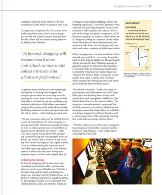 InsightOn: Consumption 3.0 23




and place orders for home delivery with their           working to make target marketing enhance the
                                                                                                                 DELPHI THESIS 57
smartphones while they’re waiting for their train.      shopping experience. The profiles generated from
                                                        collected data also help companies interact with         IN FUTURE …
Though some companies like Tesco seem to be             consumers, offering them more chances to be a            … purchasing decisions
embracing these types of new marketing op-              part of the design and production process. A UK          are based on peer-to-peer
portunities and creative ways to position their         furniture company, for instance, offers “democrat-       advice (e.g. via the internet);
brands, others still see altered buying behavior        ic” designs by asking its customers to vote online       classical advertising is dead.
as a threat, says Paludan.                              about which pieces it should manufacture, and            PROBABILITY
                                                        wearers of Nike shoes can now design their own                  Deﬁnitely not:   Deﬁnitely:
                                                        styles and colors, complete with their own initials.                      8%     5%
                                                                                                                                                Probably:
                                                                                                                                                    16 %

“In the end, shopping will                              Other campaigns are even more ambitious in their
                                                                                                                 Unlikely:
                                                                                                                 45 %

                                                        size and scope and don’t even involve the product
become much more                                        itself. In 2011, Johnnie Walker, the blended Scotch
                                                        whisky, launched its Keep Walking campaign to
individual, as merchants                                galvanize support for three innovative initiatives                                        Possibly:
                                                        in the fields of the arts, technology and business                                        26 %

collect intricate data                                  in a number of markets, for example Brazil and
                                                                                                               Delivering Tomorrow: Customer Needs in
                                                        Thailand. The Johnnie Walker consumers in each
about our preferences.”
                                                                                                               2020 and Beyond. A Global Delphi Study (see
                                                                                                               p. 124 for details)
                                                        market were urged to debate, over Facebook,
                                                        which initiative they thought had the most poten-
                                                        tial to shape the future in their country.

At present, many retailers are working through          This offered consumers “a collective sense of
their policy for dealing with shoppers who              participation and achievement and (will) hope-
compare prices online for items they see while          fully spark new thinking about what can be
standing in a store. Some retailers may conclude        achieved by working together,” said Gavin Pike,
that it’s best to forbid the use of virtual shopping    Global Brand Director for Johnnie Walker. “By
assistant applications, while others have already       using our communications to encourage like-
accepted the writing on the wall and are actually       minded consumers to connect, collaborate and
facilitating customers as they make purchases via       champion causes that inspire them we will deliv-
the web or phone – while visiting an actual store.      er a deeper engagement with our brand as well
                                                        as showcasing some of the pioneering thinking
The way consumers shop may be shifting, but it’s        that could lead us towards a better future.”
a slow metamorphosis. Yet some things never
change: Currently, whether consumers purchase           “Whether online or in a store, we’re seeing grow-
in store or online, goods need to reach them as         ing interaction between the consumer and the
quickly and as effectively as possible – other-         producer,” said Paludan. “Call it collaborative
wise their custom will go elsewhere. Retailers          consumption if you will.”
are ­ urrently facing the twin-pronged reality of
    c
bricks and mortar and e-commerce and realiz­
ing the key role that logistics has to play in both.
They are understanding the importance of a
smoothly operating supply chain. Poor delivery
service in either area may have a long-term
negative impact on their entire brand, after all.

Collaborative Design
In the end, shopping will become much more
individual, as merchants collect intricate data
about our preferences, Paludan says. That data is
already being used for target marketing cam-
paigns i.e., a strategy whereby retailers focus on a
group of potential customers in specific locations
or demographic groups; or even shoppers with
similar attitudes, tastes and lifestyles. Sellers are
 