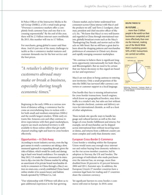 InsightOn: Reaching Customers – Globally and Locally 27




& Policy Officer of the Interactive Media in Re-       Chinese market, and to better understand how
                                                                                                                    DELPHI THESIS 52
tail Group (IMRG), a UK e-retail trade group.          consumers across China interact with Macy’s and
“Overseas e-commerce markets offer a com-              the products we sell,” said Terry J. Lundgren, chair-        IN FUTURE …
pletely fresh customer base and one that is in-        man, president and chief executive officer of Ma-            … more than 3 billion
creasing exponentially.” By the end of this year,      cy’s, Inc. “We know that Macy’s is very well known           people in the world run their
there will be 2.5 billion internet users worldwide.    and regarded in China through international tour-            businesses completely and
By 2015, this number will rise to 3.7 billion.         ism, globally broadcast events such as the Macy’s            more effectively than ever
                                                       Thanksgiving Day Parade, and movies such as Mir-             via the internet, making
For merchants, going global is easier said than        acle on 34th Street. But we still have a great deal to       use of the World Wide
done. And it’s just one of the many challenges to      learn about the shopping patterns and merchandise            Web’s marketing power;
tackle as the e-commerce market matures and            preferences of consumers in China’s very diverse             50% of B2C transactions
customer demands rise for the best service and         and rapidly emerging consumer marketplace.                   are carried out online.
the best prices.                                                                                                    PROBABILITY
                                                       “We continue to believe there is significant long-               Deﬁnitely not:   Deﬁnitely:

                                                       term opportunity internationally for both Macy’s                           1%     10 %


                                                       and Bloomingdale’s. But we need to be certain               Unlikely:


“A retailer’s ability to serve
                                                                                                                   25 %                               Probably:

                                                       that our future decisions in this regard are based                                                 27 %


                                                       on fact and experience.”
customers abroad may
                                                       Macy’s are not alone in being cautious in entering
make or break a business,                              new territories. Only a small proportion of the              Possibly:

                                                       sites the IMRG has surveyed offer currency con-              37 %


especially during tough                                verters or customer support in a local language.           Delivering Tomorrow: Customer Needs in
                                                                                                                  2020 and Beyond. A Global Delphi Study (see

economic times.”                                       One hurdle they face is missing infrastructure
                                                                                                                  p. 119 for details)


                                                       for cross-border transactions. Search engines,
                                                       which know no geographical borders, may drive
                                                       traffic to a retailer’s site, but sales are lost without
Beginning in the early 1990s as a curious new          the requisite checkout, customs and delivery ser-
form of distance selling, e-commerce has be-           vices for international clientele, as well as a host
come an overwhelming force to reckon with –            of other adaptations.
for both small and medium enterprises (SMEs)
and the world’s largest retailers. While early en-     These include site-specific ways to handle lan-
trants like Amazon.com and eBay continue to            guage and cultural barriers as well as the chal-
drive expectations with their giant marketplaces,      lenges of cross-border fulfillment and returns. For
experts say much unclaimed territory is still          example, not all merchandise can be shipped
available to those online sellers that get multi-      across international lines without incurring taxes
channel retailing right and learn to cross borders     or duties, and returns from a different country are
effectively.                                           more complex and costly than domestic ones.

Opportunities – A Click Away                           European Cross-Border E-Commerce
According to recent industry surveys, even the big-    Cross-border e-retailing within the European
gest names in retail e-commerce are taking a slow,     Union would seem easy enough since internet
measured approach to expanding abroad, given the       use and online buying from domestic websites is
risks of failure, which would be costly and damag-     on the rise across member countries, led by
ing to hard-won brand confidence. For example, in      adoption in Norway, the UK and Sweden. The
May 2012, US retailer Macy’s announced its inten-      percentage of individuals who made purchases
tion to dip a toe into the Chinese market by selling   over the internet has, on average, more than
an assortment of its private brand merchandise di-     doubled from 20 percent to 43 percent between
rectly to consumers in China through a Macy’s sec-     2004 and 2011, Eurostat says. In addition, the
tion on omei.com, a newly established China-based      European Union’s 27 member countries have a
online retailer of in-season luxury and fashion        common legal basis for trading and 17 countries
brands operated by VIPStore Co., Ltd.                  share the common currency.

“Our relationship with VIPStore will allow us to       Yet significant barriers to cross-border e-com-
gain additional experience in the fast-growing         merce still exist in Europe. In 2010, some
 