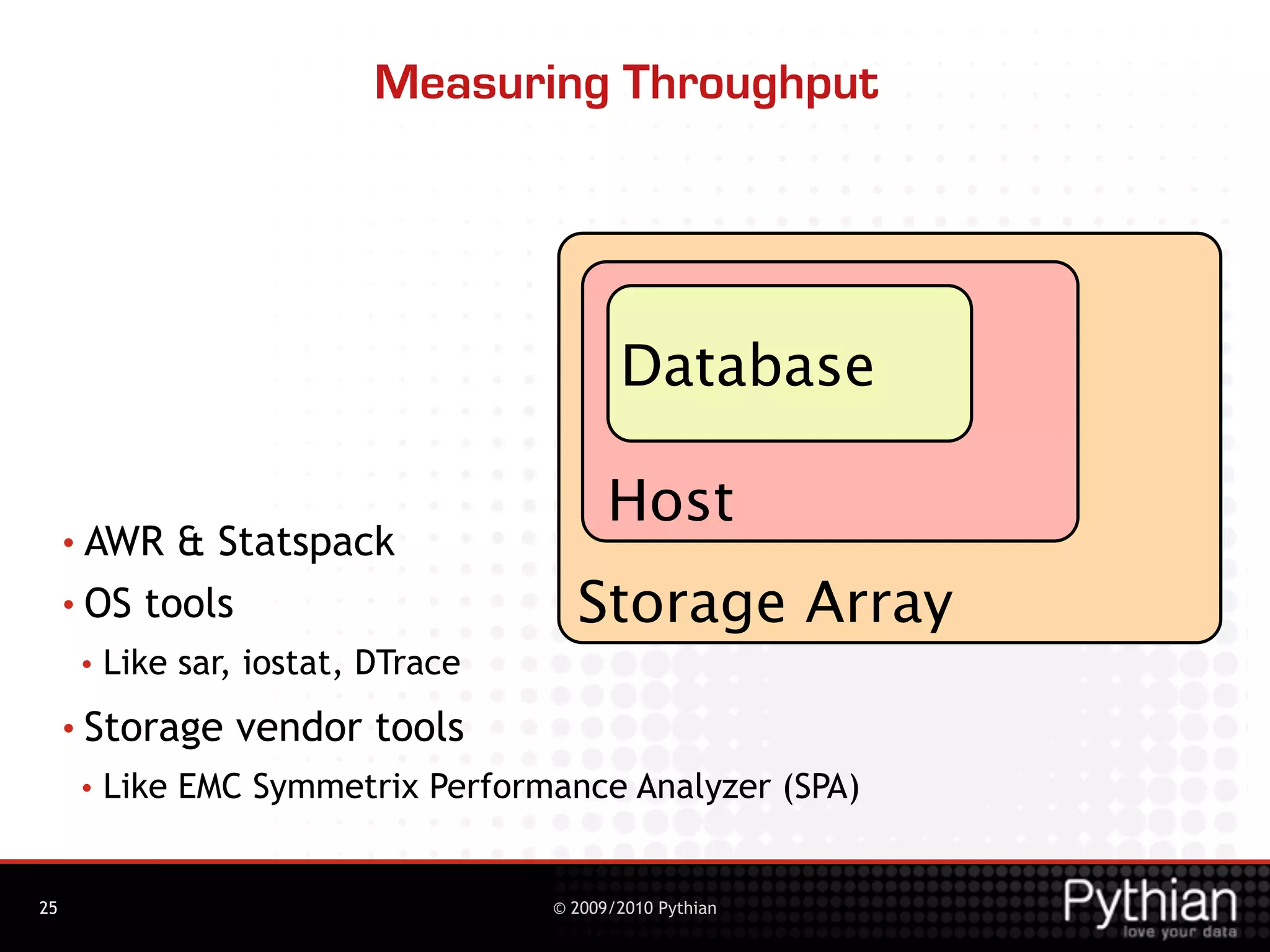 Measuring Throughput




                                            Database

                                           Host
     • AWR  & Statspack
     • OS tools                        Storage Array
      •   Like sar, iostat, DTrace
     • Storage    vendor tools
      •   Like EMC Symmetrix Performance Analyzer (SPA)


25                                   © 2009/2010 Pythian
 