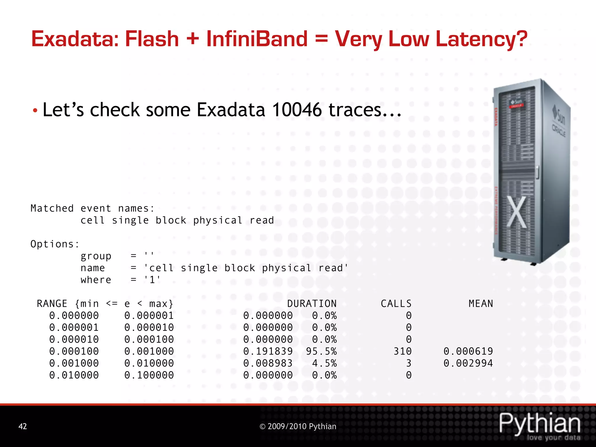 Exadata: Flash + InfiniBand = Very Low Latency?

     • Let’s     check some Exadata 10046 traces...



     Matched event names:
             cell single block physical read

     Options:
                group   = ''
                name    = 'cell single block physical read'
                where   = '1'

      RANGE {min <= e < max}                     DURATION         CALLS       MEAN
        0.000000    0.000001              0.000000   0.0%             0
        0.000001    0.000010              0.000000   0.0%             0
        0.000010    0.000100              0.000000   0.0%             0
        0.000100    0.001000              0.191839 95.5%            310   0.000619
        0.001000    0.010000              0.008983   4.5%             3   0.002994
        0.010000    0.100000              0.000000   0.0%             0



42                                          © 2009/2010 Pythian
 
