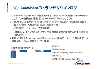 SQL Anywhereのトランザクションログ
 • SQL Anywhereは行レベルの論理的なトランザクションログ機構やトランザクショ
   ンリカバリー機構を使用（物理コピーやページベースではない）
 • トランザクションログからINSERT, UPDATE, DELETE, COMMIT, ROLLBACK 等ログ
   に書かれた際に実行されたSQL文に変換が可能
       -   DBTRANユーティリティーで変換可能
    単純なバックアップのリストアからでは復帰出来ない障害からの復旧に役に
       -
    立ちます。
 • 弊社が提供する「Mobile Link」や「SQL Remote」等のデータベース双方向デ－タ
   同期ソリューションの根幹としても使用

                                            DELETE 
     トランザクションログファイル
                                            FROM <table>
                                   DBTRAN   WHERE <primary key> = <value>;
                                            COMMIT;
                                            INSERT INTO <table> VALUES ….
10 INSIGHT OUT ‐ 20 October 2011
 
