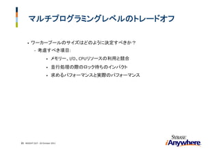 マルチプログラミングレベルのトレードオフ

     •   ワーカープールのサイズはどのように決定すべきか？
            -   考慮すべき項目:
                       •   メモリー、I/O、CPUリソースの利用と競合
                       •   並行処理の際のロック待ちのインパクト
                       •   求めるパフォーマンスと実際のパフォーマンス




21 INSIGHT OUT ‐ 20 October 2011
 