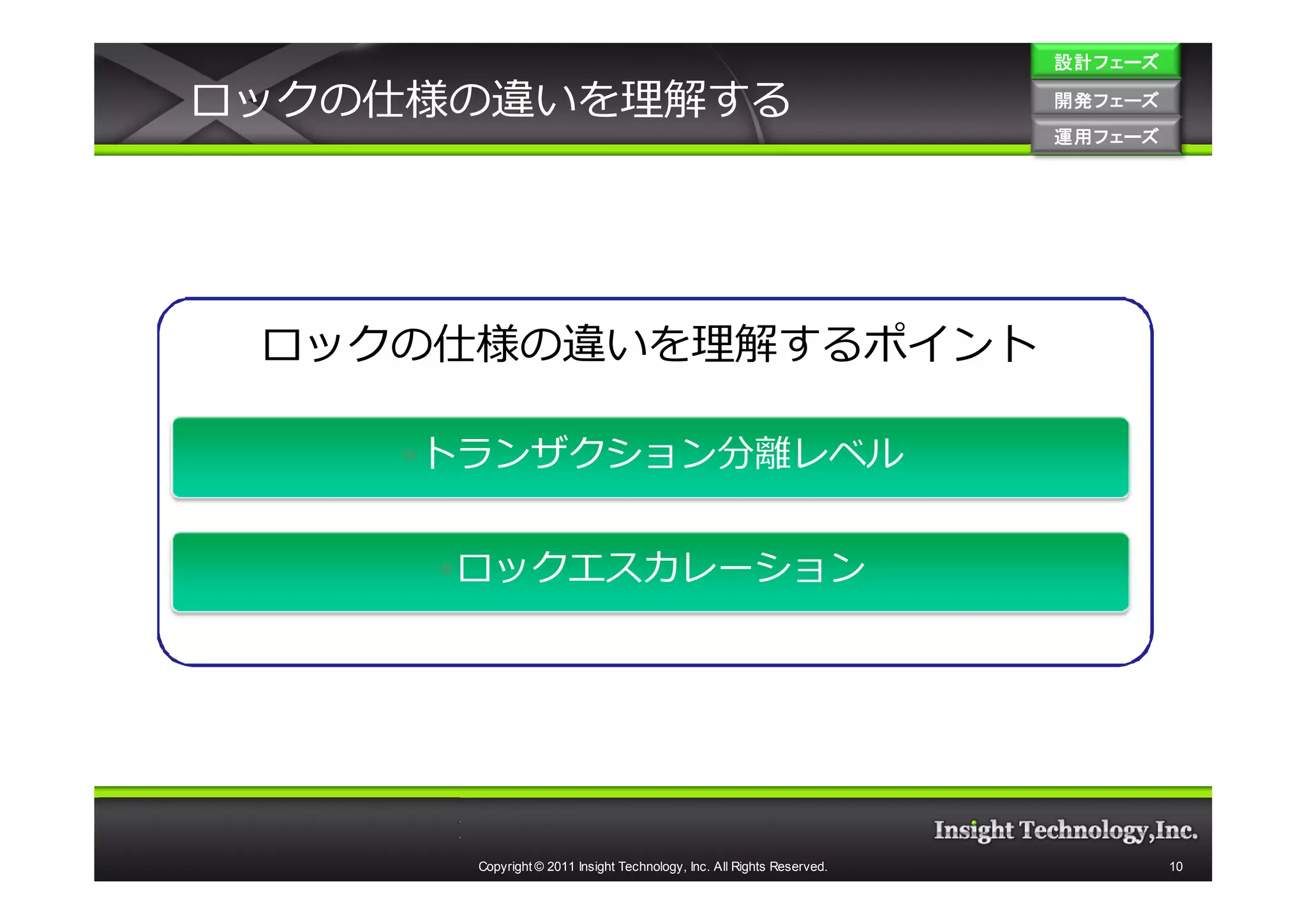 設計フェーズ

ロックの仕様の違いを理解する                                                         開発フェーズ
                                                                       運用フェーズ
                                                                       運用 フェーズ




 ロックの仕様の違いを理解するポイント

    •トランザクション分離レベル


     •ロックエスカレーション




      Copyright © 2011 Insight Technology, Inc. All Rights Reserved.             10
 