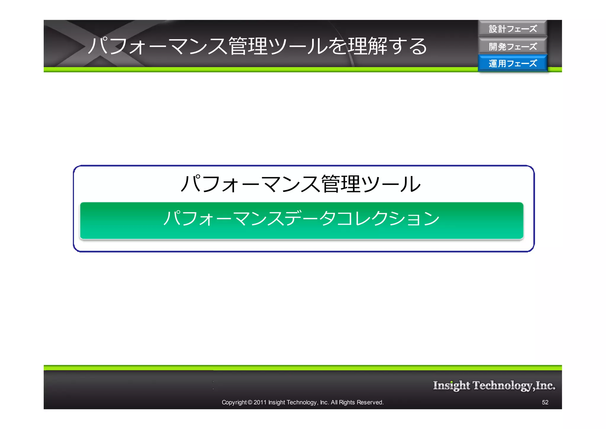 設計フェーズ

パフォーマンス管理ツールを理解する                                                      開発フェーズ
                                                                       開発 フェーズ
                                                                       運用フェーズ
                                                                       運用 フェーズ




    パフォーマンス管理ツール
   パフォーマンスデータコレクション




      Copyright © 2011 Insight Technology, Inc. All Rights Reserved.             52
 