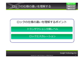 設計フェーズ

ロックの仕様の違いを理解する                                                         開発フェーズ
                                                                       運用フェーズ
                                                                       運用 フェーズ




 ロックの仕様の違いを理解するポイント

    •トランザクション分離レベル


     •ロックエスカレーション




      Copyright © 2011 Insight Technology, Inc. All Rights Reserved.             10
 