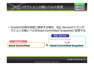 設計フェーズ

   トランザクション分離レベルの変更                                                               開発フェーズ
                                                                                  開発 フェーズ
                                                                                  運用フェーズ
                                                                                  運用 フェーズ




• Oracleの仕様を前提に開発する場合、SQL Serverのトランザ
  クション分離レベルをRead Committed Snapshotに変更する
                                                                SQL Server
                                                        Read Committed
   Oracle
Read Committed                               ≒ Read Committed Snapshot




                 Copyright © 2011 Insight Technology, Inc. All Rights Reserved.             13
 
