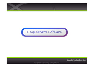 1. SQL Serverってどうなの?
       Serverってどうなの?




    Copyright © 2011 Insight Technology, Inc. All Rights Reserved.   3
 