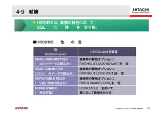 ４-９ 結論

      ＨｉＲＤＢでは、業務の特性に応 て、
      ＳＱＬ   に  性  を 定可能。


    ■HiRDBでの          性       の   定

                  性
                                       HiRDBにおける実現
          （Ｉsolation level）
     READ UNCOMMITTED             検索時の排他オプションに
     （ コミットデータの読込み）               「WITHOUT LOCK NOWAIT」を 定
     READ COMMITTED               検索時の排他オプションに
     （コミット みデータの読込み）              「WITHOUT LOCK WAIT」を 定
     REPEATABLE READ              検索時の排他オプションに
     （ り返し可能の読込み）                 「WITH SHARE LOCK」を 定
     SERIALIZABLE                 LOCK TABLE を用いて、
     （ 列化可能）                      表に対して排他をかける



                                                     © Hitachi, Ltd. 2011. All rights reserved.   36
 