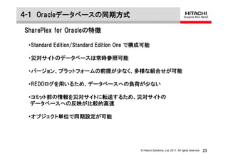 ４-１ Oracleデータベースの同期方式

SharePlex for Oracleの特徴

 ・Standard Edition/Standard Edition One で構成可能

 ・災対サイトのデータベースは常時参照可能

 ・バージョン、プラットフォームの前提が少なく、多様な組合せが可能

 ・REDOログを用いるため、データベースへの負荷が少ない

 ・コミット前の情報を災対サイトに転送するため、災対サイトの
  データベースへの反映が比較的高速

 ・オブジェクト単位で同期設定が可能




                                         © Hitachi Solutions, Ltd. 2011. All rights reserved.   23
 