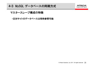 ４-３ MySQL データベースの同期方式

マスタースレーブ構成の特徴

 ・災対サイトのデータベースは常時参照可能




                        © Hitachi Solutions, Ltd. 2011. All rights reserved.   31
 