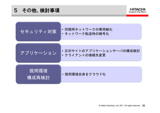５ その他、検討事項


             • 同期用ネットワークの専用線化
 セキュリティ対策    • ネットワーク転送時の暗号化




             • 災対サイトのアプリケーションサーバの構成検討
 アプリケーション    • クライアントの接続先変更



   現用環境
             • 現用環境自身をクラウド化
  構成再検討




                        © Hitachi Solutions, Ltd. 2011. All rights reserved.   36
 