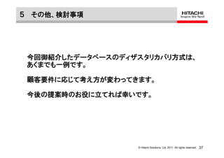 ５ その他、検討事項




 今回御紹介したデータベースのディザスタリカバリ方式は、
 あくまでも一例です。

 顧客要件に応じて考え方が変わってきます。

 今後の提案時のお役に立てれば幸いです。




                  © Hitachi Solutions, Ltd. 2011. All rights reserved.   37
 