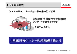 １ BCPの必要性

 システム単位にサーバを一拠点集中型で管理


            天災(地震/台風等)や大規模停電に
            よりサーバ設置場所が被災
     被災
             システム全停止




    サービス提供ができない ＝ 機会損失
  大規模災害時のシステム停止時間を最小限とする
      金融決済業務では1時間で6億円


                   © Hitachi Solutions, Ltd. 2011. All rights reserved.   3
 