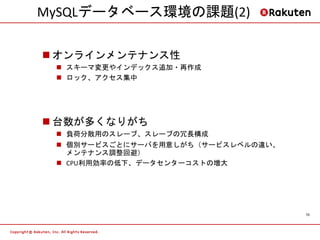 MySQLデータベース環境の課題(2)

 オンラインメンテナンス性
  スキーマ変更やインデックス追加・再作成
  ロック、アクセス集中




 台数が多くなりがち
  負荷分散用のスレーブ、スレーブの冗長構成
  個別サービスごとにサーバを用意しがち（サービスレベルの違い、
   メンテナンス調整回避）
  CPU利用効率の低下、データセンターコストの増大




                                    10
 