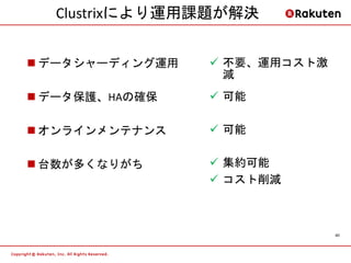 Clustrixにより運用課題が解決


 データシャーディング運用    不要、運用コスト激
                   減
 データ保護、HAの確保     可能

 オンラインメンテナンス     可能

 台数が多くなりがち       集約可能
                  コスト削減



                               40
 
