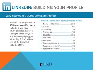 LINKEDIN: BUILDING YOUR PROFILE
Why You Want a 100% Complete Profile
                                    LinkedIn’s definition of a 100% Complete Profile:
     Research shows you will be
                                     Name   and Position……………………..25%
     40 times more effective on
                                     Picture………………………………………….5%
     LinkedIn if you have
                                     Summary………………………………………5%
     a fully completed profile.
                                     Specialties…………………………………….5%
     Failing to complete your
                                     Education……………………………………15%
     profile is like playing golf    Past Job #1………………………………….15%
     with a bag full of putters.     Past Job #2………………………………….15%
     Use all the tools that          Recommendation #1…………………….5%
     LinkedIn offers!                Recommendation #2…………………….5%
                                     Recommendation #3…………………….5%




Page 19
 