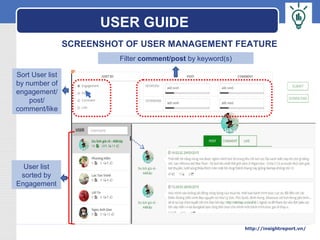 LOGO
SCREENSHOT OF USER MANAGEMENT FEATURE
User list
sorted by
Engagement
Sort User list
by number of
engagement/
post/
comment/like
Filter comment/post by keyword(s)
USER GUIDE
http://insightreport.vn/
 