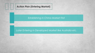 Later Entering in Developed Market like Australia etc.
Establishing in China Market First
Action Plan (Entering Market)
 